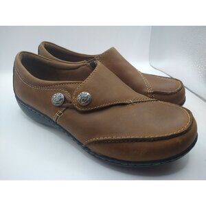Clarks Womens Dark Tan Leather Slip-On Shoes Size 6.5 XW Cushion Insole Durable
